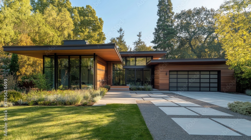 Naklejka premium Contemporary Minimalist House Exterior with Sleek Design and Lush Landscaping in Modern Residential Environment