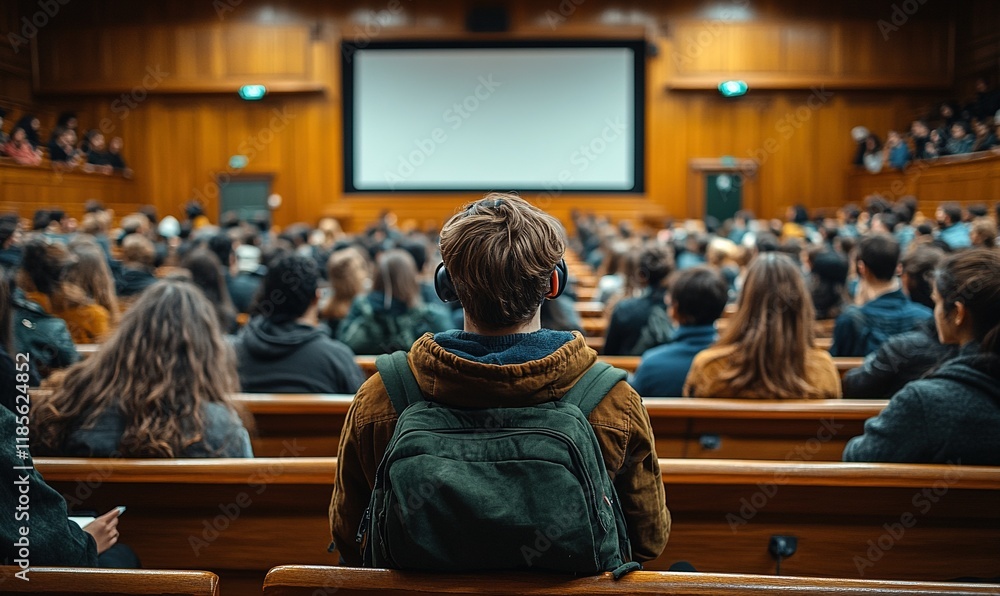 Naklejka premium A crowded lecture hall filled with students attentively watching a presentation on a large screen.