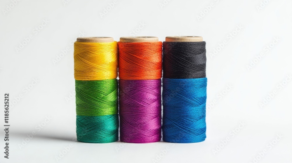 Colorful spools of craft twine arranged vertically on a white background showcasing vibrant shades for creative projects and DIY crafts Colorful spools of craft twine arranged vertically on a white background showcasing vibrant shades for creative projects and DIY crafts