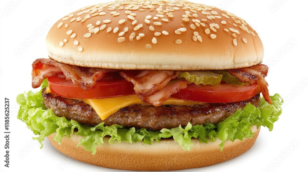Delicious cheeseburger with lettuce, tomato, bacon, and pickles on a sesame seed bun enticingly arranged on a plain background. Delicious cheeseburger with lettuce, tomato, bacon, and pickles on a sesame seed bun enticingly arranged on a plain background.