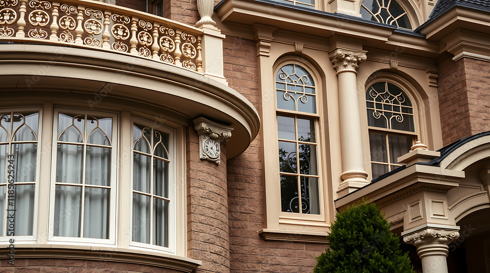 Obraz premium Brick Building Facade with Bay Window and Balcony Detail