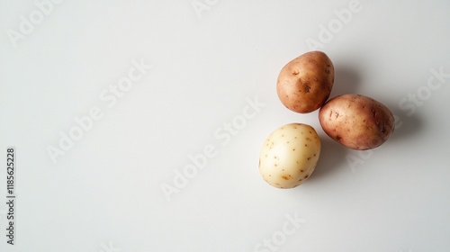 Freshly harvested new potatoes in two varieties displayed on a clean white background showcasing their natural colors and textures.