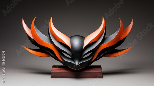 a sculpture of an orange and black dragon head photo