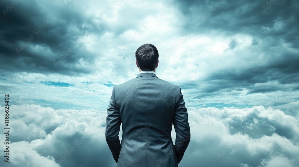 Contemplative man in suit facing cloudy sky with a cross symbolizing faith in God and the presence of the Holy Spirit.