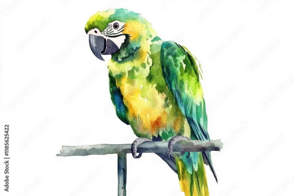 Obraz premium A vibrant watercolor painting of a parrot perched on a branch, showcasing its colorful plumage and charming personality.
