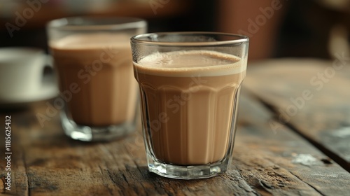 Traditional Indian masala chai served in vintage glasses on rustic wooden table in cozy cafe setting
