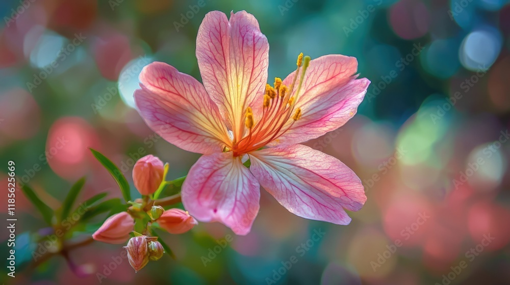 Fototapeta premium Delicate pink summer flower with vibrant petals and soft bokeh background highlighting nature's beauty and seasonal charm