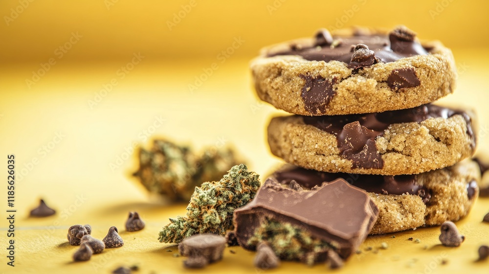Cannabis CBD Edibles with Chocolate Chip Cookies and Marijuana on Yellow Background Delicious Treats for Medical and Recreational Use Cannabis CBD Edibles with Chocolate Chip Cookies and Marijuana on Yellow Background Delicious Treats for Medical and Recreational Use