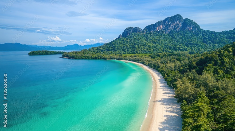 Aerial view of a stunning beach with white sand and emerald waters bordered by a lush mountain landscape and a tranquil lake in the background Aerial view of a stunning beach with white sand and emerald waters bordered by a lush mountain landscape and a tranquil lake in the background