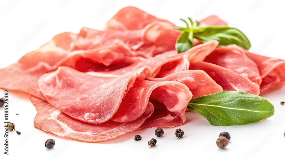 Freshly sliced raw veal meat with green basil leaves and black peppercorn on a white background for culinary presentations Freshly sliced raw veal meat with green basil leaves and black peppercorn on a white background for culinary presentations