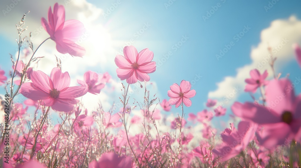 Vibrant pink flowers blooming in a sunny garden against a blue sky with soft clouds in a serene outdoor setting. Vibrant pink flowers blooming in a sunny garden against a blue sky with soft clouds in a serene outdoor setting.