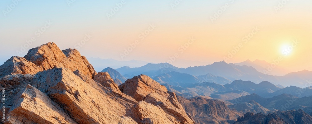 Naklejka premium Simple mountain range concept. Majestic mountain landscape at sunrise with rocky foreground.