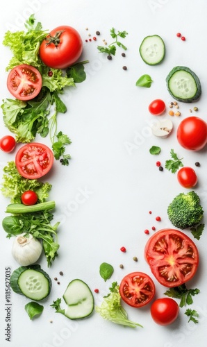 Fresh Colorful Vegetables and Herbs Arranged in Circular Frame on White Background for Healthy Eating Concept