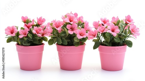 Wallpaper Mural Pink miniature artificial flower pots with vibrant blossoms arranged on a clean white background for home decor or floral design use. Torontodigital.ca