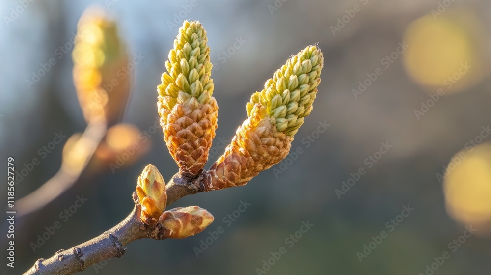 New spring foliage on trees with fresh buds and bright sunlight creating a serene natural atmosphere in the background.