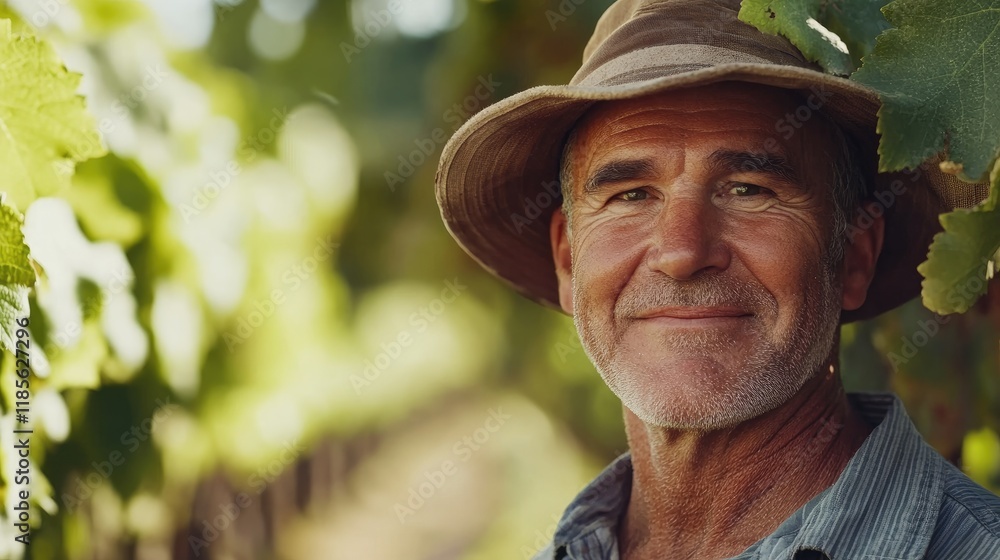 Obraz premium Mature farmer smiling in vineyard during grape harvest showcasing expertise and connection to agriculture and nature