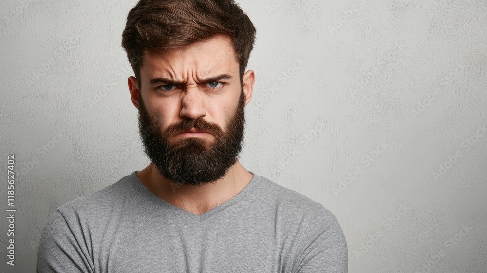 Fototapeta premium Serious young bearded man with furrowed brow expressing frustration against a neutral background