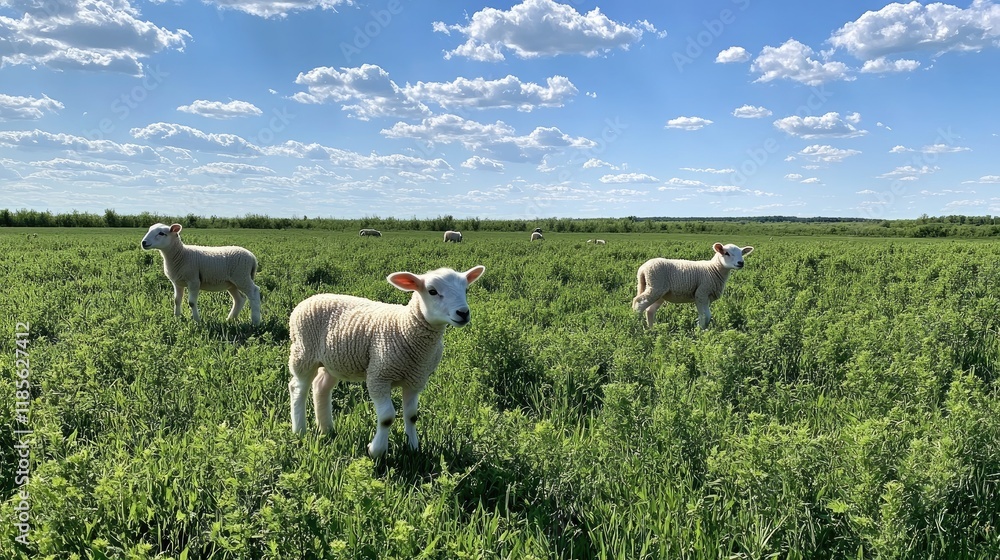 Fototapeta premium Radio-collared lambs grazing peacefully in a vibrant green pasture under a bright blue sky with fluffy clouds.
