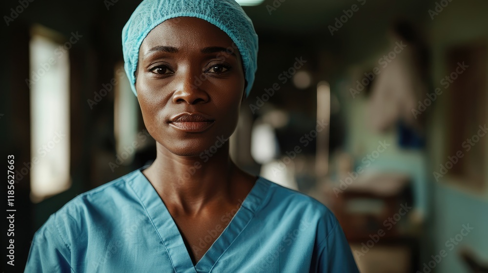 Portrait of a confident medical professional in sterile scrubs with focused expression in a clinical environment Portrait of a confident medical professional in sterile scrubs with focused expression in a clinical environment