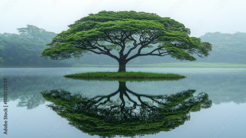 Solitary Tree's Serene Reflection in Misty Lake Solitary Tree's Serene Reflection in Misty Lake