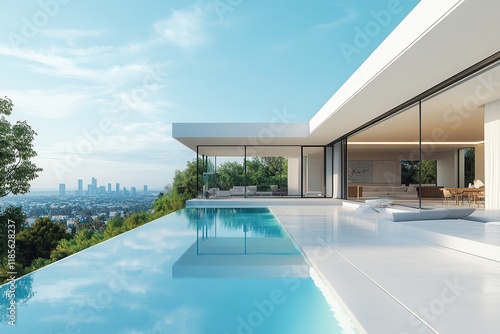 Stunning Beverly Hills Mansion Featuring Modern Design and Breathtaking Views of the Los Angeles Skyline. Generative AI