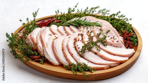 Sliced turkey breast garnished with fresh herbs and spices on a wooden platter ready for culinary preparation photo