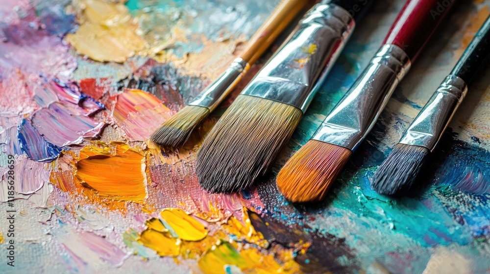 Obraz premium Artistic paint brushes resting on a vibrant palette with an array of colors showcasing creativity and artistic expression on a white background.
