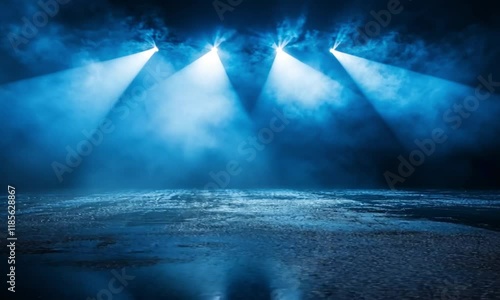 Blue dark background of empty foggy street with wet asphalt, illuminated by a searchlight, laser beams, smoke in slow motion