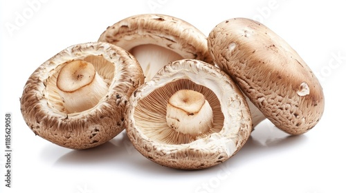 Fresh mushroom cores arranged on a clean white background showcasing their unique texture and natural colors. Perfect for food-related designs. photo