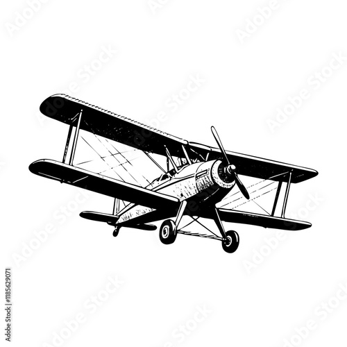 retro airplane flying in the sky amazed engraving black and white outline. Scratch board imitation.