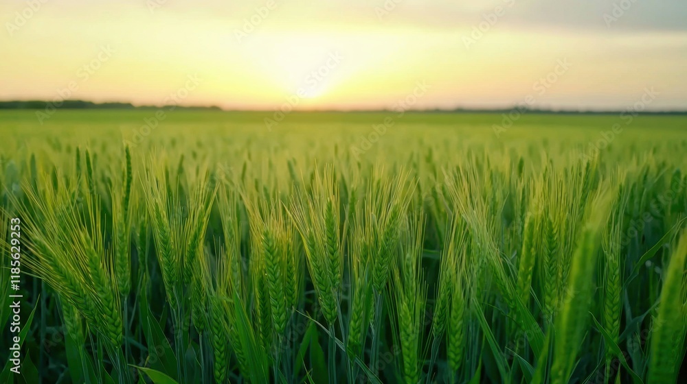 Lush Green Wheat Field at Sunset with Vibrant Yellow Sky Lush Green Wheat Field at Sunset with Vibrant Yellow Sky