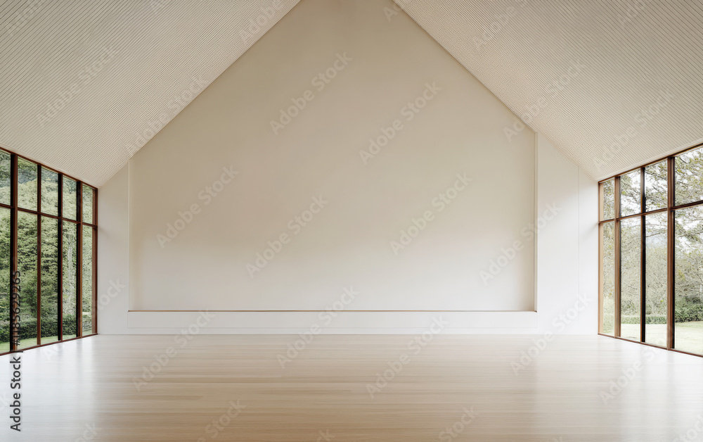 Fototapeta premium Modern architectural space featuring large windows and minimalist design with natural light