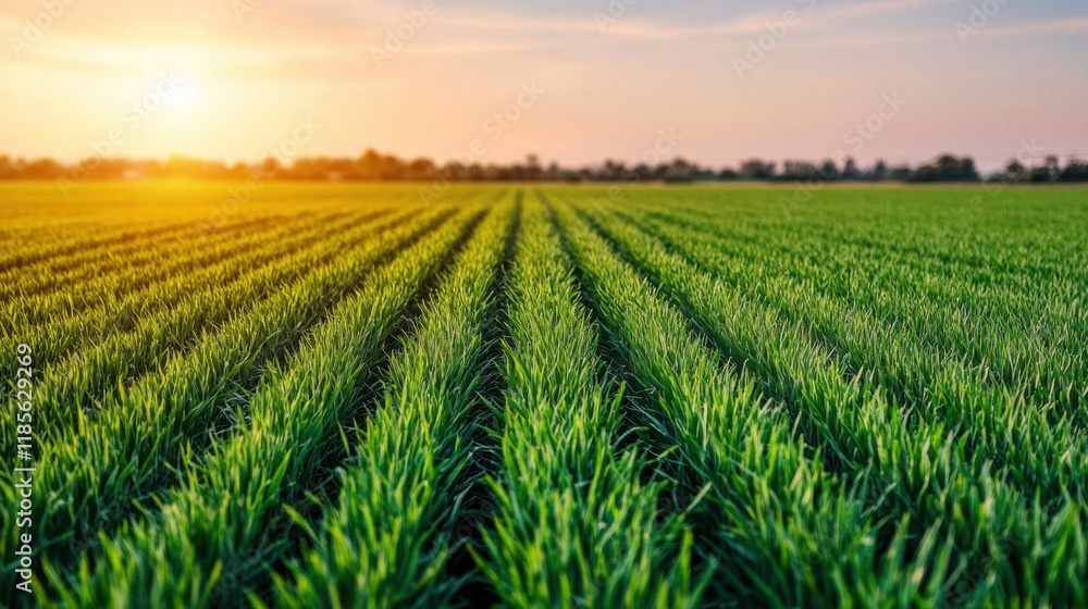 Lush Green Agricultural Field with Rows of Crops at Sunset Lush Green Agricultural Field with Rows of Crops at Sunset