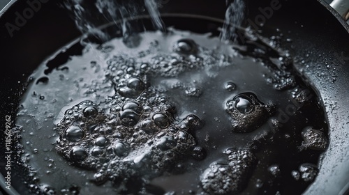 Bubbling oil in a frying pan with raw mushrooms preparing for cooking delicious meals in culinary setting photo