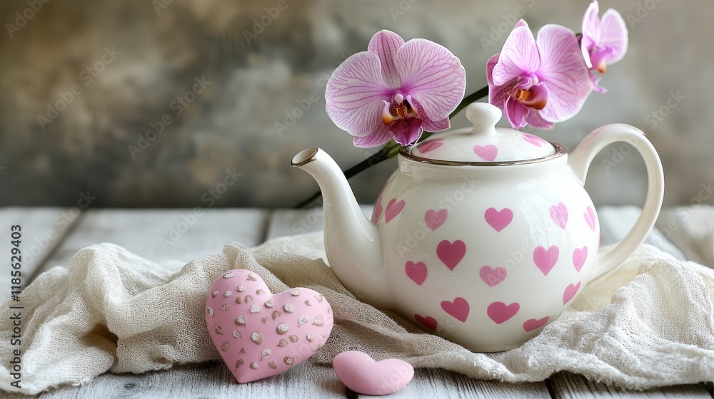 Pink heart patterned teapot with orchids on a rustic table creating a romantic and charming kitchen aesthetic Pink heart patterned teapot with orchids on a rustic table creating a romantic and charming kitchen aesthetic