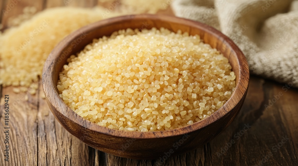 Close up of raw wheat grain in a wooden bowl highlighting its nutritional benefits for a healthy diet and sporty lifestyle. Close up of raw wheat grain in a wooden bowl highlighting its nutritional benefits for a healthy diet and sporty lifestyle.