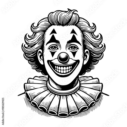 happy smiling clown sketch engraving black and white outline. Scratch board imitation.