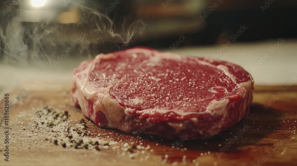 Fresh rib eye steak on wooden board seasoned with salt and pepper in focus with a cozy cooking ambiance Fresh rib eye steak on wooden board seasoned with salt and pepper in focus with a cozy cooking ambiance