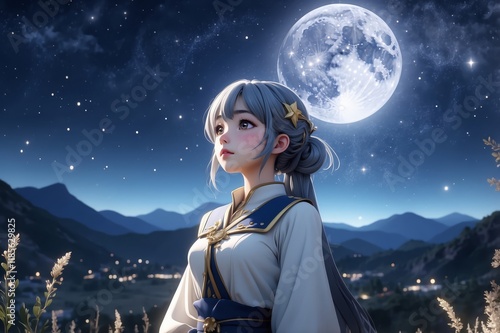 A young woman with grey hair, in traditional Asian dress, gazes at a large moon and starry night sky over a mountain range and village.