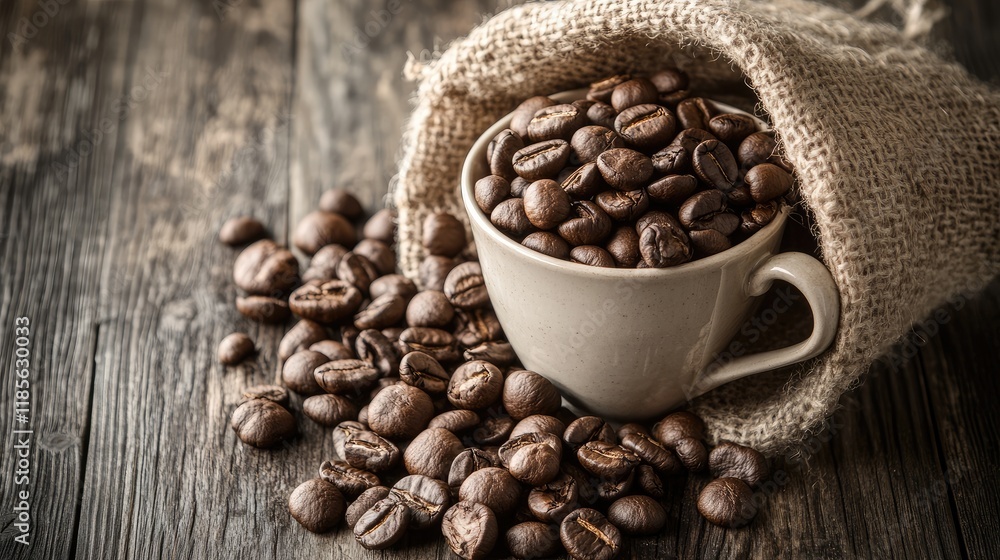 Fototapeta premium Mushroom Coffee Beans in a Rustic Setting Promoting Healthy Alternatives to Traditional Coffee Choices