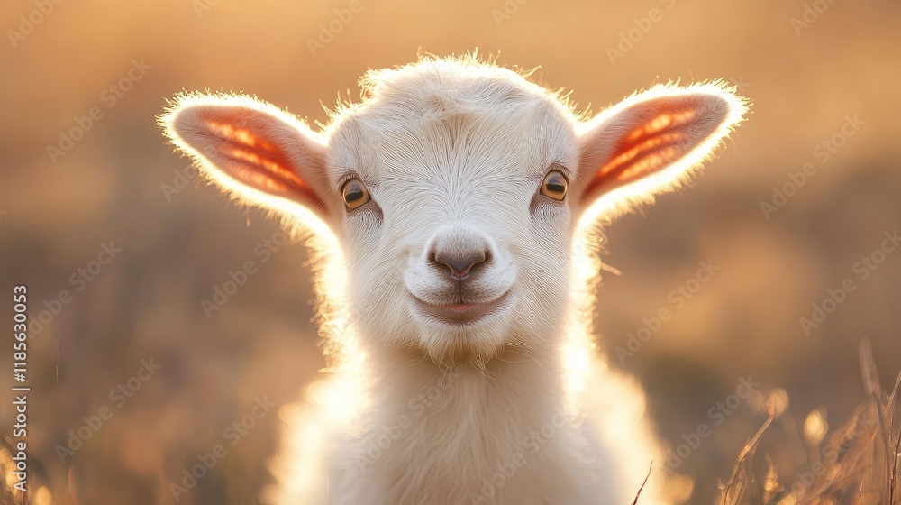 Fototapeta premium Playful baby goat portrait with soft sunlight in a meadow creating a warm and joyful atmosphere.