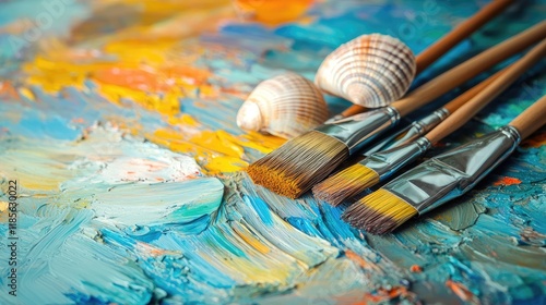 Artistic workspace with paint brushes and seashells on vibrant colorful palette background showcasing creativity and artistic tools in studio setting photo