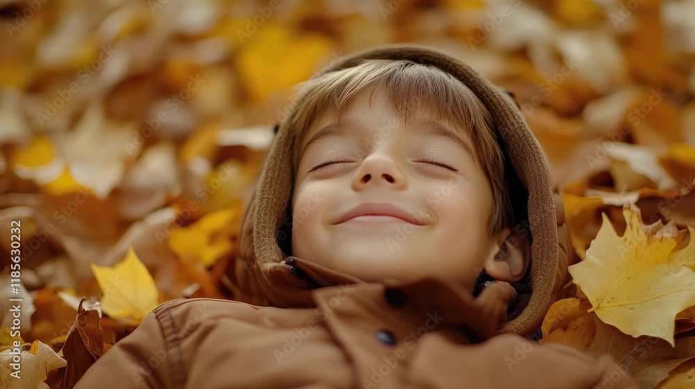 Joyful young boy relaxing in vibrant autumn leaves with a peaceful expression and cozy attire. Perfect for seasonal themes and family joy. Joyful young boy relaxing in vibrant autumn leaves with a peaceful expression and cozy attire. Perfect for seasonal themes and family joy.
