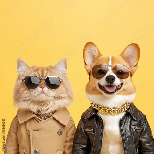 dog and cat Fashion and Accessories Stylishly dressed cat and dog posing together. photo