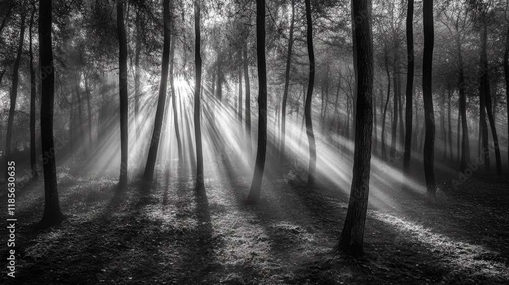 Fototapeta premium serene forest scene with beams of light illuminating the misty landscape through tall trees in black and white photography