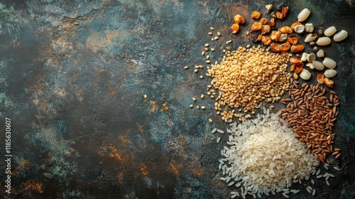 Variety of raw rice and grains arranged on a textured background showcasing diverse types and colors for culinary or health concepts photo