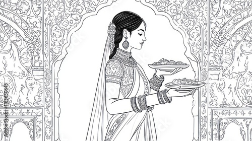 Indian bride, ornate archway, food offering, wedding ceremony illustration photo