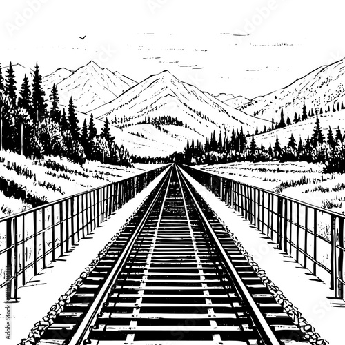 railroad with mountain landscape sketch engraving black and white outline. Scratch board imitation. 
