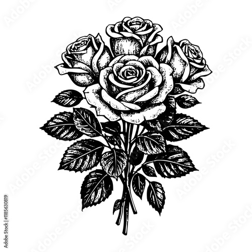 rose flower blooming sketch engraving black and white outline. Scratch board imitation.