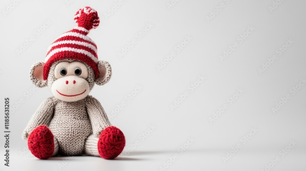 Sock Monkey with Red and White Striped Hat Sitting on Plain White Background Perfect for Holiday Crafts and Nostalgic Decor Sock Monkey with Red and White Striped Hat Sitting on Plain White Background Perfect for Holiday Crafts and Nostalgic Decor
